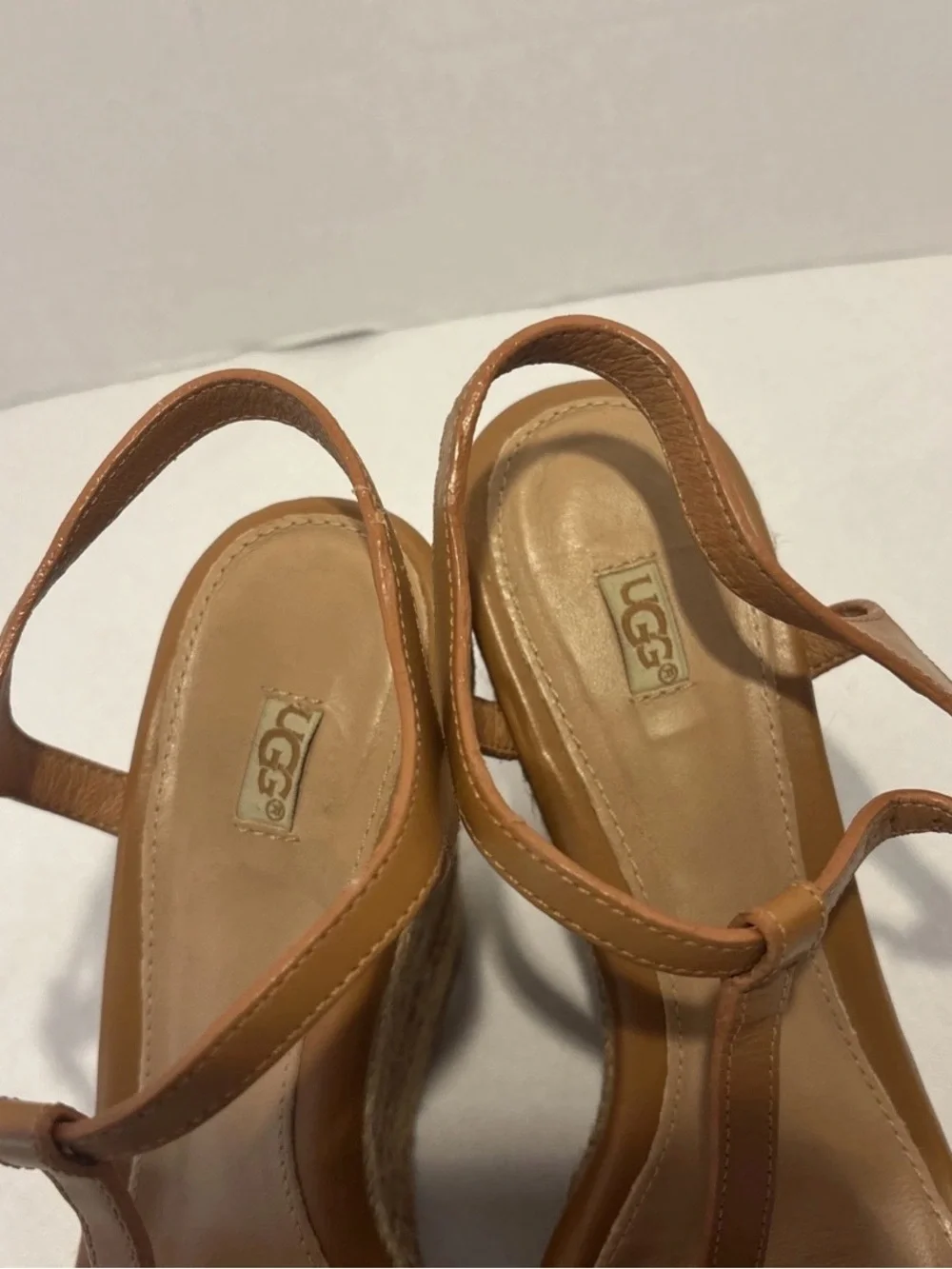 UGG Women's Tan Woven Leather Espadrille Wedge Strappy Sandals. Size 8.5